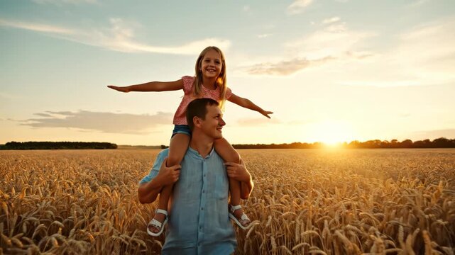 Happy father carrying smiling daughter on his shoulders in a golden wheat field during a bright sunset