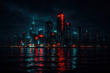 Fototapeta premium Night city skyline cityscape with neon lights and water reflection dark urban landscape photography wallpaper