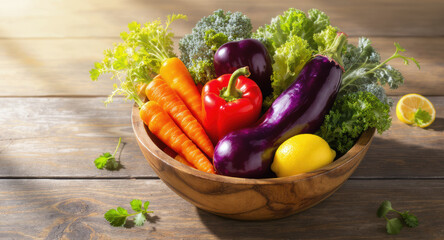 Fresh vegetables and fruits including carrot, eggplant, red bell pepper, lemon, kale, and lettuce in wooden bowl on rustic table, healthy and vibrant food concept
