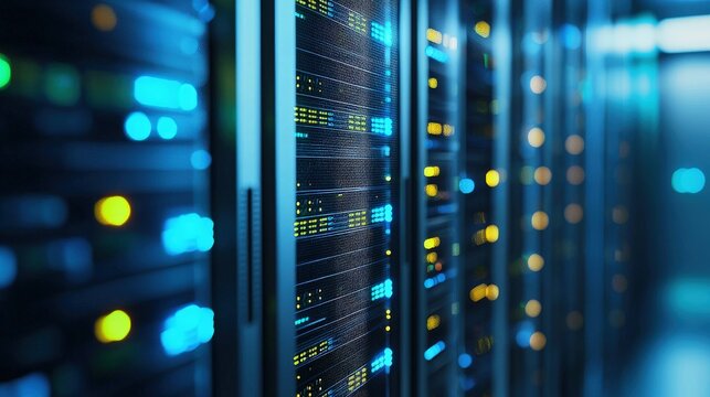 Modern data center corridor with illuminated server racks and soft blue lighting, ideal for IT infrastructure visuals, cloud technology themes, digital marketing, and professional tech presentations
