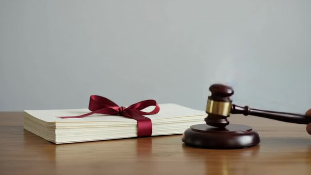 Judge's hand hitting a wooden gavel on the sound block to close a case or make a final verdict about an inheritance, last will and testament, or a legal document tied with a red ribbon