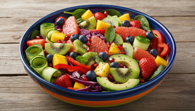 Fresh fruit salad with avocado kiwi mango strawberry blueberry grapefruit cucumber red bell pepper spinach and pomegranate in colorful bowl on rustic wood vibrant and healthy