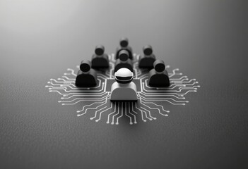 White VR headset figure leading black icons in digital network