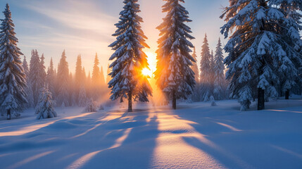 Golden Sunrise Illuminates Snow Covered Pine Trees in Winter Forest Landscape