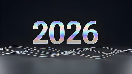 Futuristic hologram-style 2026 with soft light waves and prismatic glow.
