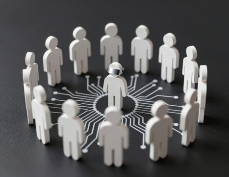 Central figure wearing VR headset connected to surrounding people