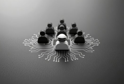 White VR headset figure leading black icons in digital network