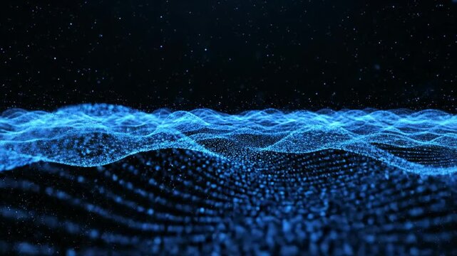 Seamless loop of glowing blue energy particles resonating and forming complex wave patterns across a deep black void science, futuristic, empty space
