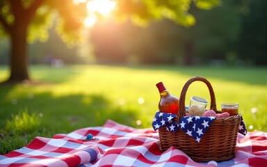 Sparkling independence day gathering in the park. festive Fourth of July picnic in the park featuring a checkered blanket, picnic basket filled with goodies, and vibrant patriotic decorations.
