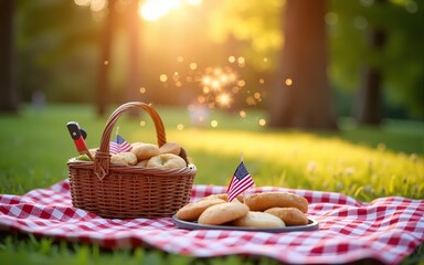 Sparkling independence day gathering in the park. festive Fourth of July picnic in the park featuring a checkered blanket, picnic basket filled with goodies, and vibrant patriotic decorations.