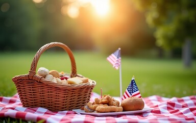 Sparkling independence day gathering in the park. festive Fourth of July picnic in the park featuring a checkered blanket, picnic basket filled with goodies, and vibrant patriotic decorations.