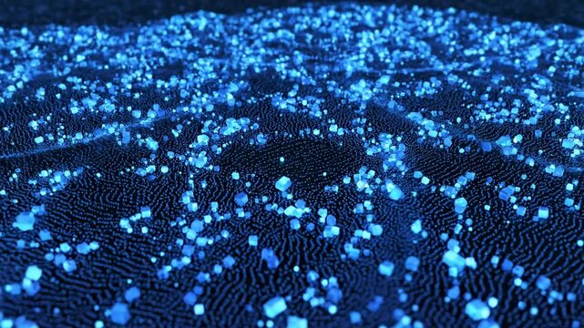 Seamless loop of glowing blue geometric particles creating mesmerizing vibrant fluid resonant waves across a dark digital surface background, texture, virtual reality