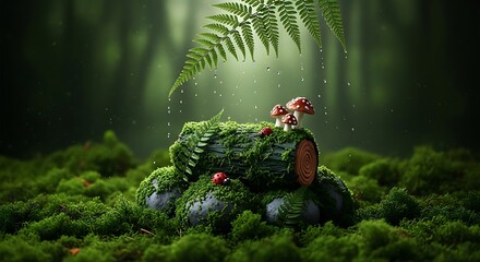 Enchanting miniature forest scene with moss-covered log, tiny mushrooms, ladybugs, and a fern leaf dripping water in a lush green environment.