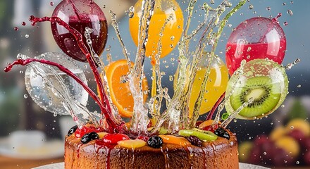A vibrant cake is adorned with an array of fruits, splashed with juice, creating a dynamic and colorful display.