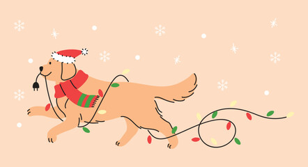 A cute dog wear a red Santa hat carrying Christmas lights while running outside. Vector illustration in hand drawn style