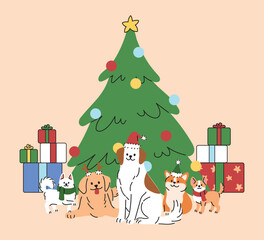 A cute dogs of different breeds wear a Santa winter hat under a Christmas tree. Vector illustration in hand drawn style