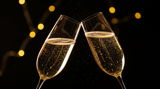 Two champagne flutes toasting with sparkling wine against a dark background with bokeh lights