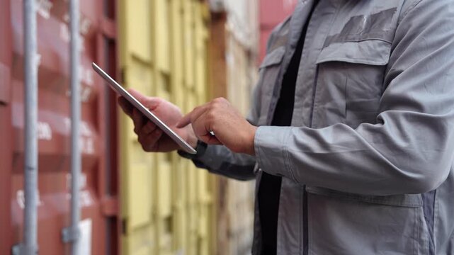 Unknown man logistics workers use tablet computer with container background