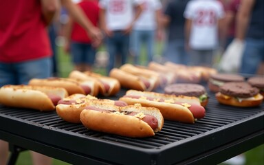 Grilled hot dogs and burgers sit on the grill. People tailgate at the stadium for a football game. They enjoy food and celebration, wearing team color shirts and jerseys during festive gameday.