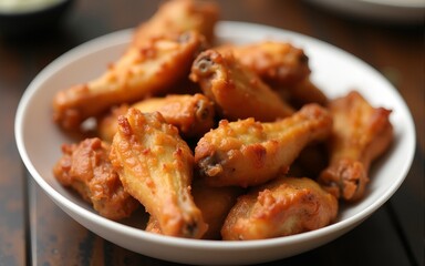 A mouthwatering bowl of crispy, golden-brown chicken wings, perfect for sharing at gatherings or parties, highlighting their irresistible appeal and savory flavor. High quality