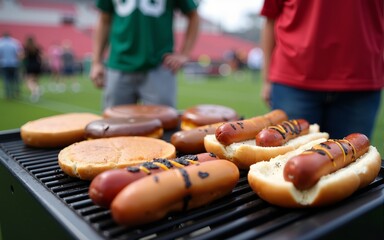 Grilled hot dogs and burgers sit on the grill. People tailgate at the stadium for a football game. They enjoy food and celebration, wearing team color shirts and jerseys during festive gameday.