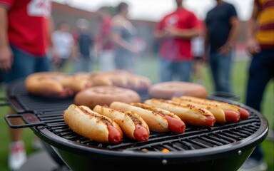Grilled hot dogs and burgers sit on the grill. People tailgate at the stadium for a football game. They enjoy food and celebration, wearing team color shirts and jerseys during festive gameday.