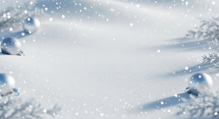 Minimalist Snowy Christmas Background with Silver Baubles and Soft Falling Snowflakes