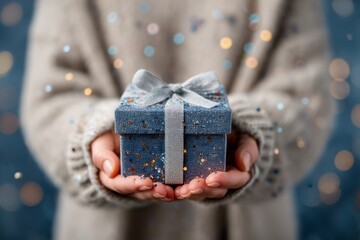 Woman hands holding an elegant present gift box with a grey ribbon over a navy blue background sprinkled with confetti, suitable for a Father Day