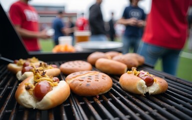 Grilled hot dogs and burgers sit on the grill. People tailgate at the stadium for a football game. They enjoy food and celebration, wearing team color shirts and jerseys during festive gameday.