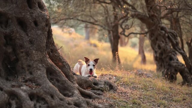 A Jack Russell Terrier peeks out from behind the trunk of an old olive tree in a forest. The dry ground and tree roots add texture to the scene.