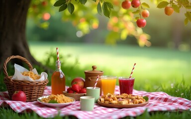 Colorful Picnic Setup Under Apple Tree with Delicious Food and Drinks. High quality