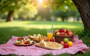 Colorful Picnic Setup Under Apple Tree with Delicious Food and Drinks. High quality