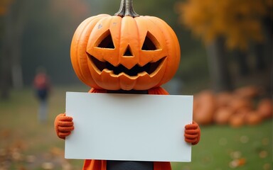 Pumpkin head character holding blank sign. High quality
