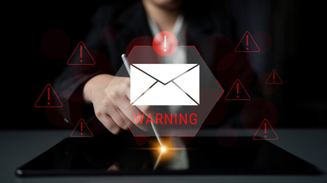 Digital warning mail interface highlights email threat detection, security monitoring, and proactive prevention of phishing and malware intrusions. Parse