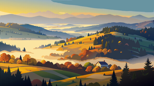 Very beautiful foggy autumn morning in the Carpathian Mountains, featuring rolling hills, golden forests, drifting mist, and a peaceful valley illuminated by soft sunrise colors creating a serene Euro