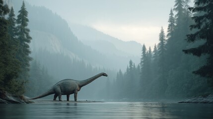 Obraz premium Apatosaurus in Misty Mountain River Scene