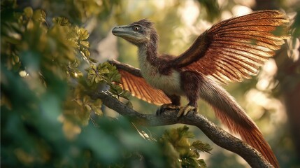 Obraz premium Archaeopteryx Perched on Sunlit Tree Branch