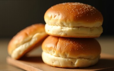 Gluten-free burger buns stacked on wooden surface warm light close-up highlighting texture and color. High quality