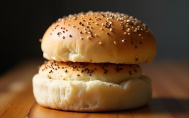 Gluten-free burger buns stacked on wooden surface warm light close-up highlighting texture and color. High quality