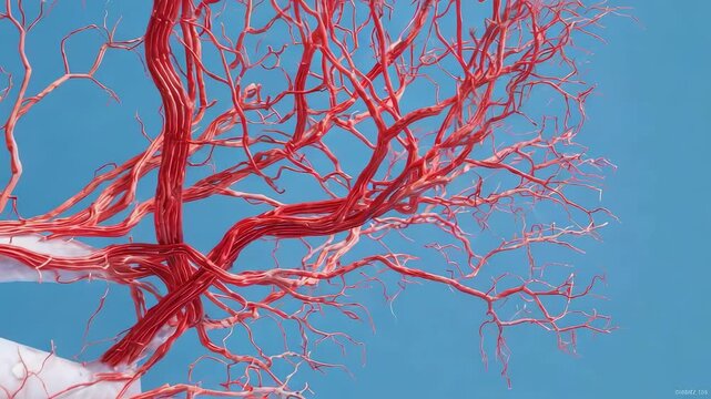 Intricate red blood vessels branch like a tree against a clear blue sky.