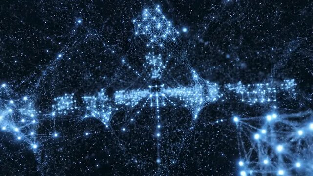 Seamless loop of glowing blue particles connecting and forming an infinitely complex geometric artificial intelligence neural network structure geometric structure, internet, computation