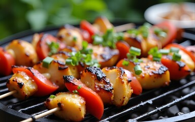 Summer Backyard BBQ Grill Feast: Delicious Kebabs and Poolside Relaxation. High quality
