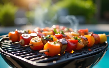 Summer Backyard BBQ Grill Feast: Delicious Kebabs and Poolside Relaxation. High quality