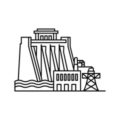 Outline Icon of Hydroelectric Dam, Power Plant, and Transmission Pylon