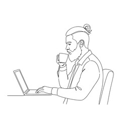 Bearded man with man bun working on laptop, drinking coffee, minimalist line art