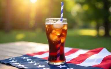 Refreshing iced cola rests on a picnic table adorned with an American flag napkin, capturing the essence of a summer 4th of July celebration with vibrant colors and joyful ambiance. High quality