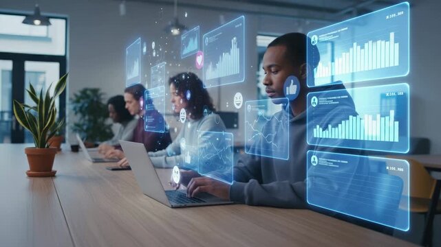 Diverse group of marketing professionals working in a modern office, using laptops with futuristic holographic interfaces to analyze social media engagement, statistics, and financial data - Powered by Adobe