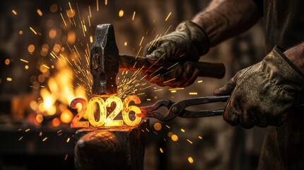 Blacksmith hands forging glowing hot 2026 numbers on an anvil with a hammer. Dramatic sparks flying in a dark workshop. Industrial concept of creating the future for New Year.