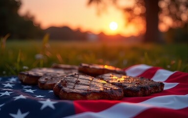 Sunset Fourth of July Picnic Grilled Steaks on American Flag Picnic Blanket with Fireworks Display. High quality