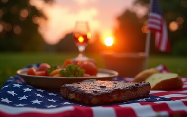 Sunset Fourth of July Picnic Grilled Steaks on American Flag Picnic Blanket with Fireworks Display. High quality